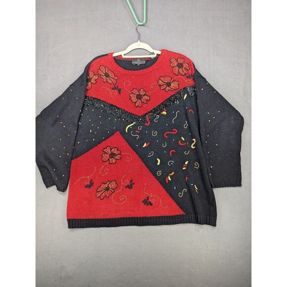 Carole Little Sweater Women's Large Red Black Breaded Fringe Embroidered Vintage - Picture 1 of 8